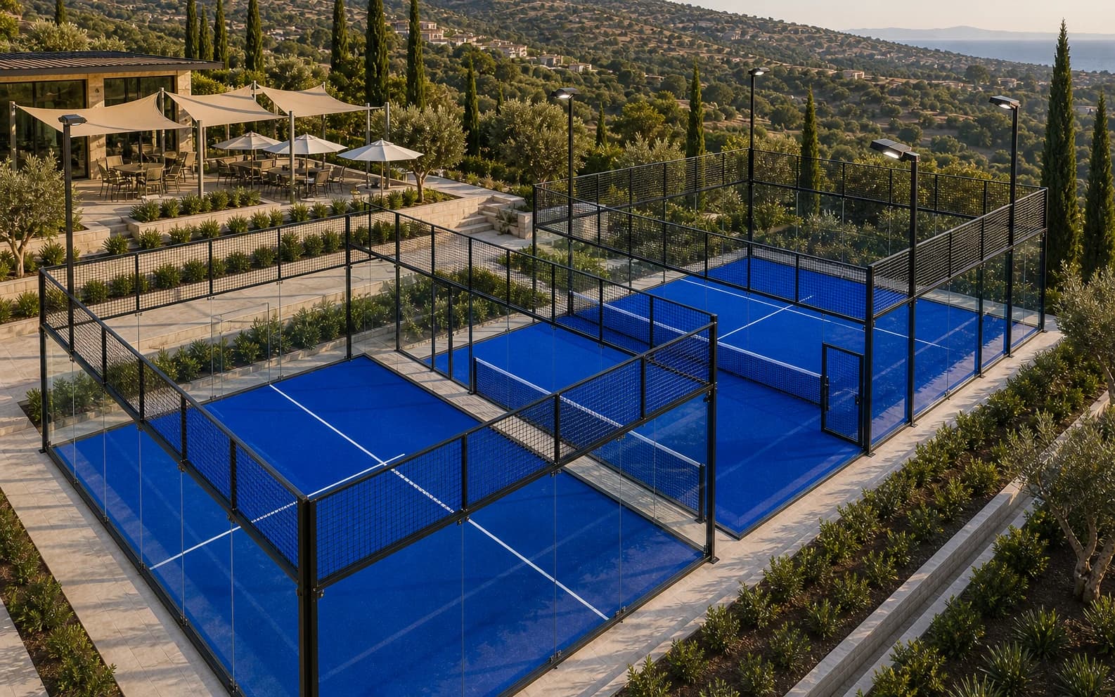 הדמיית השראה של מתחם מגרשי פאדל מסחרי עם הצללות ומבנה מועדון
